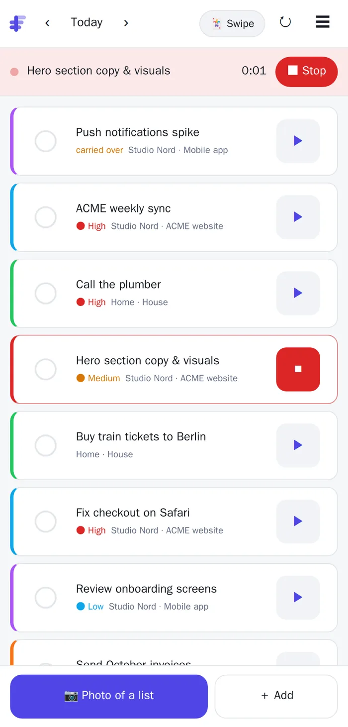Flowly's compact phone view: today's tasks with a play button each, a running timer bar, and buttons for a photo of a list and adding tasks.