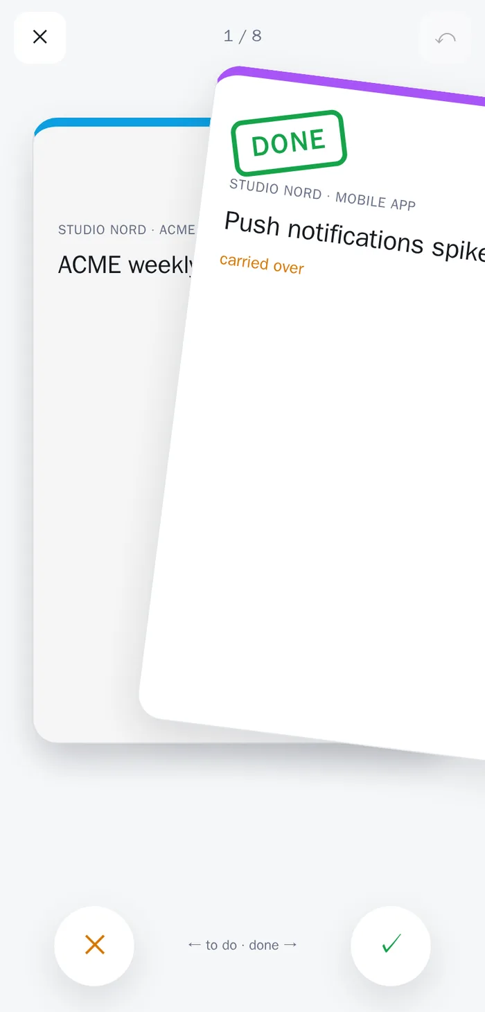 Swipe review on a phone: a task card dragged to the right with a green DONE stamp.