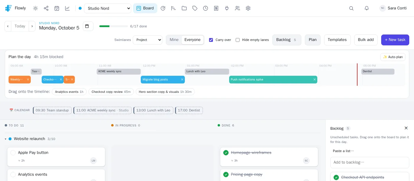 Plan the day: a timeline from 9 to 18 with the day's meetings in grey and colored time blocks for tasks fitted around them, and the tasks still to place.